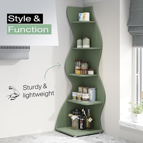 Tribesigns Corner Shelf, Modern 5-Tier Wall Corner Bookshelf, Stylish Corner Small Bookcase Storage Rack Plant Stand with Unique Shape for Living Room, Home Office (Sage Green, 1PC) thumbnail 6
