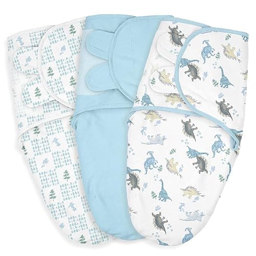 Baby Swaddle Sacks, 3-Pack Newborn Organic Cotton Swaddle Wrap, Adjustable Swaddling Blankets, Nursery Swaddling Essentials for Newborn 0-3 Months, Infant Shower Items Gift (Dinosaur & Forest)