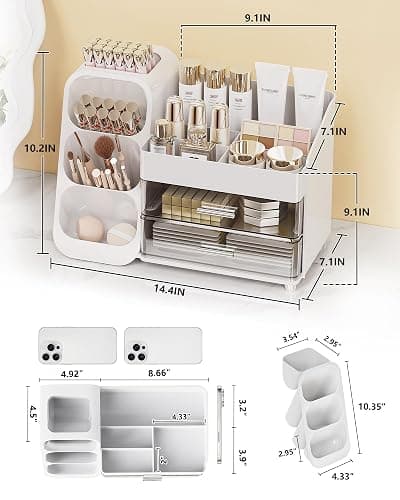 Anylady Makeup Organizer with Drawers, Skincare Organizer (Large Size Thick), Storage Box Cosmetic Display Cases, Make up Organizers for Vanity, Dresser, Desk, Kitchen, Countertop (White) thumbnail 2