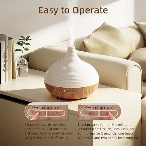 ASAKUKI 300ML Essential Oil Diffuser, Wood Grain BPA-Free Whisper Quiet Cool Mist Humidifier, Natural Home Fragrance Diffuser with 14 Colors LED Lights and Easy to Clean - Light Brown thumbnail 7