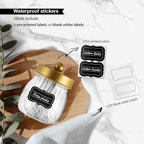 Farmhouse Decor Apothecary Jar Set,Mason Jar Bathroom Vanity Storage Organizer Canister - Qtip Holder Plastic Acrylic Jar for Cotton Swabs,Cotton Pads,Floss Picks,Paper Clips,Hair Clips(2 Pack,Gold) thumbnail 6