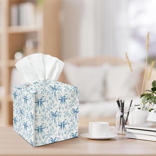Blue Bows Leather Tissue Box Cover Square Vintage Tissue Holder for Car Livingroom Office Decor Ideal Gifts for Women Colleagues Family Sister Bestie Daughter Birthday Christmas Housewarming - YT0181 thumbnail 2