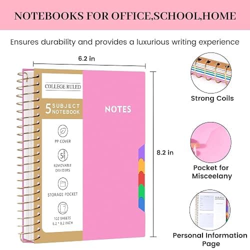 CAGIE 5 Subject Notebook College Ruled with Removable Tabs, Lined Spiral Journals Notebook for Women Men Writing, Notebooks for Work Note Taking School Supplies, A5 - Pink - Pink - 6.2''x8.2'' thumbnail 7