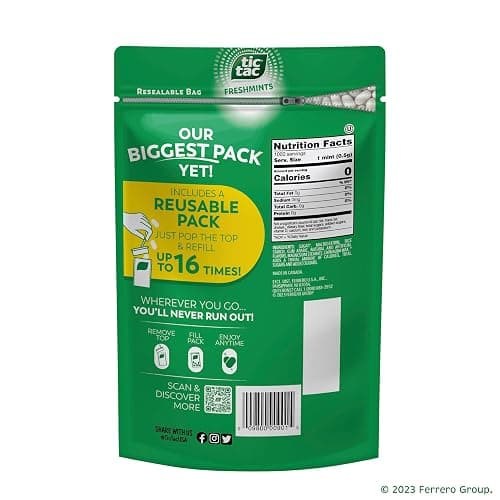 Tic Tac Freshmint Breath Mints, Bulk Resealable Refill Bag, On-the-Go Refreshment, Stocking Stuffer, Includes Empty Refillable Pack, 17.2 oz thumbnail 2