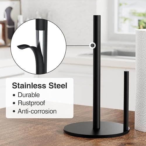 Paper Towel Holder Black, Premium Stainless Steel Kitchen Roll Dispenser, Countertop Roll Organizer with Weighted Base thumbnail 4