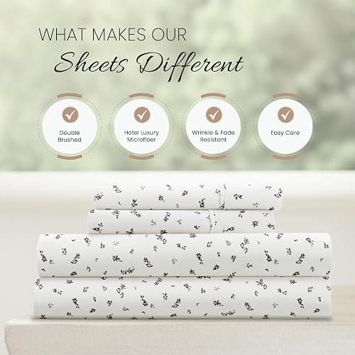 Linen Market Double-Brushed Patterned Microfiber Full Sheet Set 4 Piece – Oeko-TEX Certified Ultra Soft & Wrinkle-Free - 16" Deep Pocket Sheets - Easy Care Full Size - Spotted Leaves Light Gray thumbnail 4