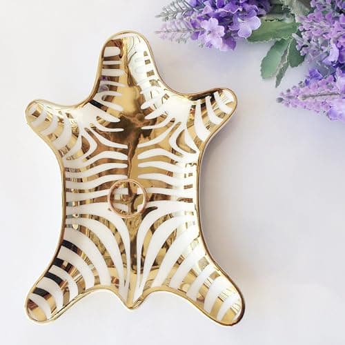 NUYKOUY Zebra Stripe Jewelry Tray Ceramic Dishes Plate Gilded 5.9", Gold thumbnail 2
