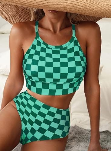 Herseas Women's Bikini Sets High Neck Tropical Leaf Print High Waisted Two Pieces Swimsuits Bathing Suits thumbnail 2