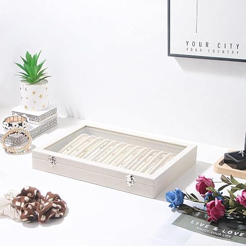 14 Hooks Necklace Storage Tray, Velvet Neckalce Organizer Box with Clear Lid, Pendant Chain Necklace Jewelry Organizer Drawer Tray for Women Girls (Beige) thumbnail 7