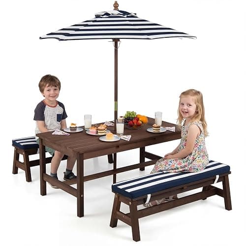Costzon Kids Picnic Table, Fir Wood Toddler Outdoor Table & Bench Set w/Removable Umbrella & Cushions, Stripe Fabric, Kids Outdoor Furniture for Patio Backyard Garden, Fits 4 Children Age 3+ (Blue) - Image 1