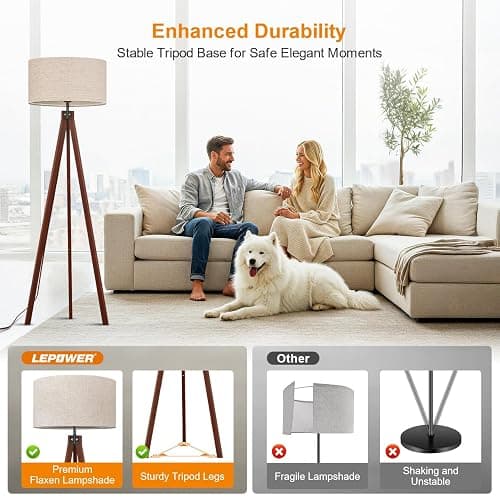 LEPOWER Wood Tripod Floor Lamp, Mid Century Standing Lamp, Modern Design Studying Light for Living Room, Bedroom, Study Room and Office, Flaxen Linen Shade with E26 Base Brown thumbnail 4