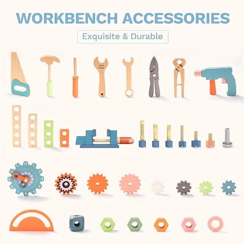 ROBUD Large Wooden Play Tool Workbench Set for Kids Toddlers, Construction Workshop Tool Bench Toys Gift, Multicolor thumbnail 4