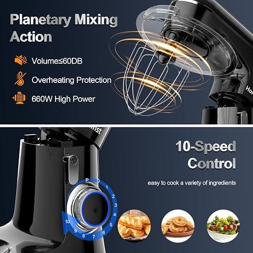 Honinst Stand Mixer, 6.5QT 10-Speed Tilt-Head Electric Stand Mixer, 3-In-1 Kitchen Mixer with Bowl, Dough Hook, Whisk and Beater, Food Mixer for Baking, Cake and Most Home Cooks, Black thumbnail 5