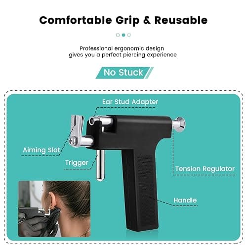 Zygc Professional Ear Piercing Kit with 63 Pairs of Cubic Zirconia Diamond Ear Stud Earrings with Multi Purpose Black Reusable Ear Piercing Gun Silver Sticks for Salon & Home Piercings Gold thumbnail 4
