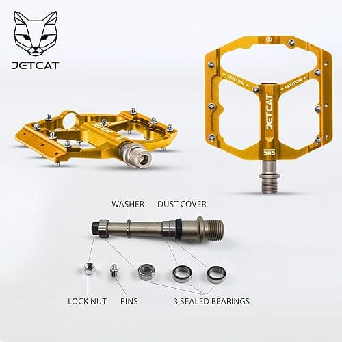 JETCAT Mountain Bike Pedals Flat - MTB Pedals Flat, Bicycle Pedals, Road Bike Pedals, BMX Pedals, for BMX MTN Road Gravel EBike, Specialized Parts, Adults, Aluminum Metal Stamp 9/16" - gold thumbnail 6