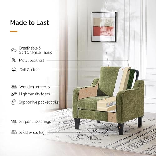 VINGLI Accent Chairs Set of 2, Modern Traditional Armchair for Living Room | Olive Green Reading Chair for Bedroom, Chenille Upholstered Sofa Chairs, Comfy Chair for Small Space, Apartment, Waiting Room thumbnail 5