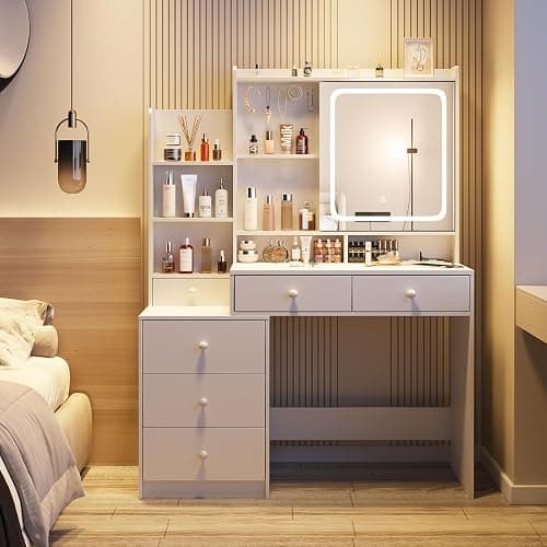 Vabches Vanity Desk with Mirror and Lights, Makeup Vanity with 6 Drawers and Shelves, Dressing Table with Power Outlet, Makeup Desk with Led Lighted Mirror in 3 Colors, for Bedroom, White thumbnail 7