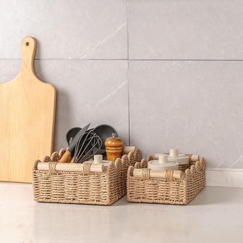 CubesLand Paper Rope Scalloped Edge Decor Baskets for Home, Living Room, Bedroom, Toilet Basket for Over Toilet Storage Shelf, End Table, Shelves and More, Both Storage&Decor, Set 2 Neutral thumbnail 4