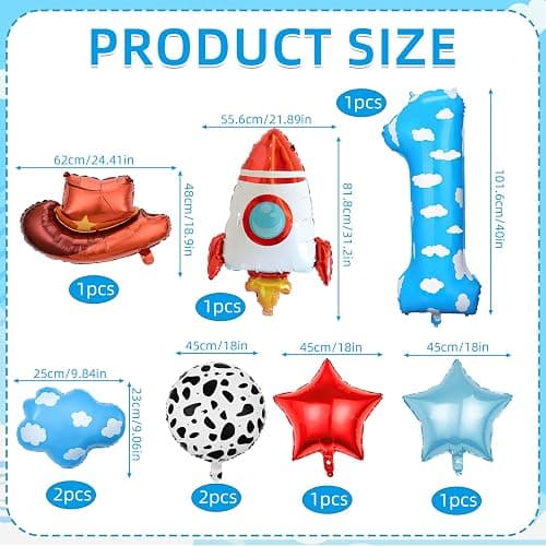 Toy Themed Decorations, 9pcs Cow Print Sky Blue Cloud Balloons with Rocket Balloon and Cowboy Hat Balloon for Kids Inspired Story 1st Birthday Party Decorations (1ST) thumbnail 3