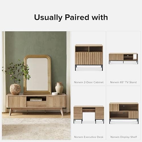 mopio Brooklyn Mid-Century Modern TV Stand, for TVs up to 50” / 59" Waveform Panel, Sleek Curved Profile with Adjustable Shelf and Sturdy Box Frame Leg (Golden Oak, 57") thumbnail 7