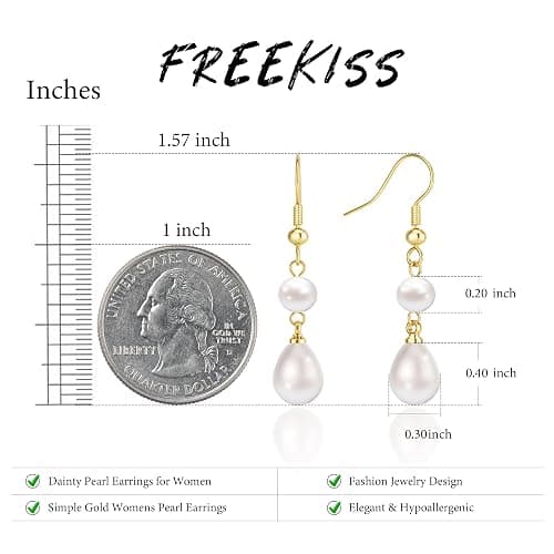 Freekiss Pearl Earrings for Women Trendy: Flat Back Stud Earrings 14K Gold Plated/925 Sterling Silver Freshwater Pearl Dangle Earrings Cute Bow Earrings Wedding Jewelry Birthday Gifts for Women Girls thumbnail 3