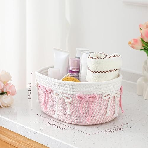 Geelin 3 Pcs Pink Bow Baskets Laundry Hamper Cute Coquette Woven Rope Gift Baskets Rectangle Shelf Organizer Storage Bins for Closet Bedroom Nursery Toys Organizing, 11.8''x7.8''x4.7'' thumbnail 3