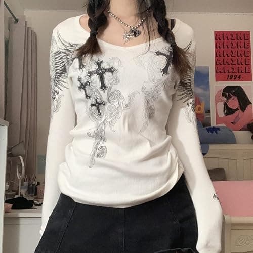 Grunge Clothes for Women Y2K Tops Long Sleeve Fairy Grunge Aesthetic Shirts Teen Girls Vintage Graphic Tees Fall thumbnail 4
