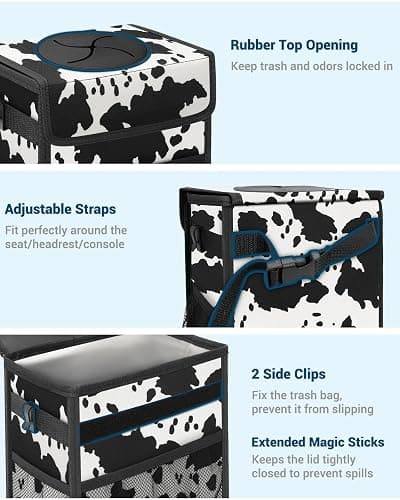 Capolo Car Trash Can with Lid, Leakproof Car Trash Bag Hanging Waterproof Automotive Garbage Can with Storage Pockets Mini Vehicle Trash Bin for Back/Front Seat(Cow Print,2.5 Gallon) thumbnail 3