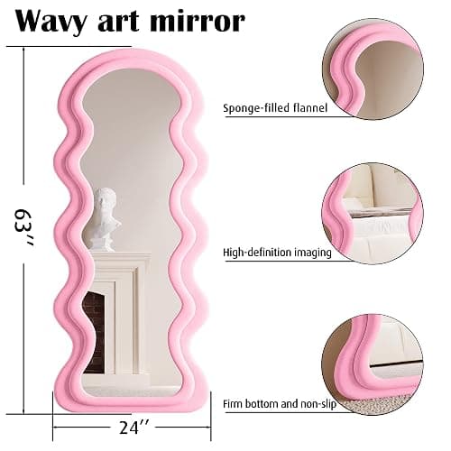 BOJOY Full Length Mirror 63"x24", Irregular Wavy Mirrors, Wave Arched Floor Mirror, Wall Mirror Standing Hanging or Leaning Against Wall for Bedroom, Flannel Wrapped Wooden Frame Mirror-Pink thumbnail 2