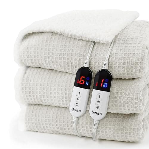 blunique Heated Blanket Electric Blanket Queen Waffle, 84x90 Inches Dual Controllers Sherpa Fleece Fast Heating Blanket 6 Heating Levels & 10 Hours Auto Off ETL Certification,Beige Queen - Image 1