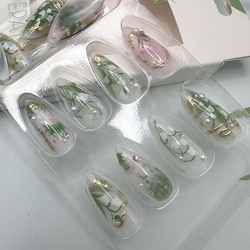 LBPEPAMZ Green Press on Nails Medium Almond Fake Nails with 3D Pearl Rhinestones Designs Gold French Tips Flower Acrylic Nails False Nails White Floral Full Cover Glossy Stick on Nails for Women 24Pcs thumbnail 5