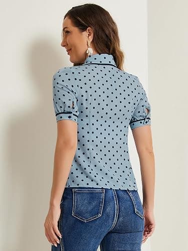 Allegra K Polka Dots Blouse for Women's Peter Pan Collar Bow Tie Neck Puff Sleeve Vintage Shirt Top thumbnail 2