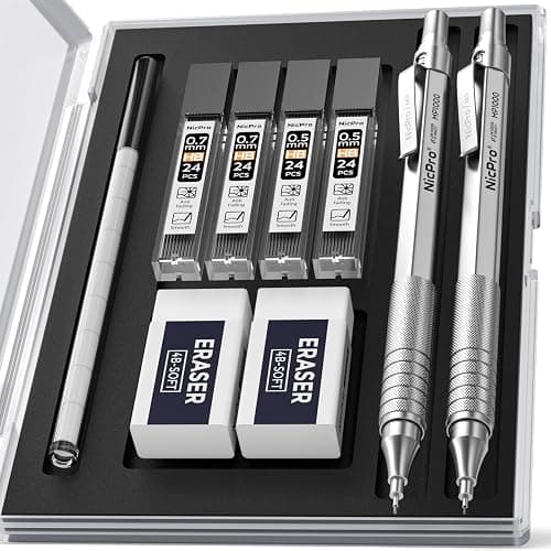 Nicpro 2 Pièces Porte Mines Métal avec étui, Crayon Mécanique Automatique 0,5 mm et 0,7 mm avec Recharge de Mines HB, Gommes, Porte Mine pour l'écriture Artistique, le Dessin, le Croquis(Argent) - Image 1