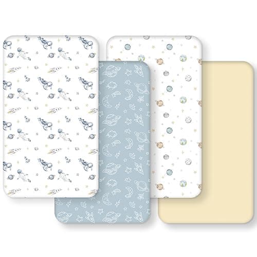 FIEMOL Baby Crib Sheets for Boys and Girls, Toddler Bed Sheets Fitted for 52”x28” Standard Crib and Toddler Mattresses, 4 Pack Soft Stretchy Microfiber Blue Space Astronaut - Image 1