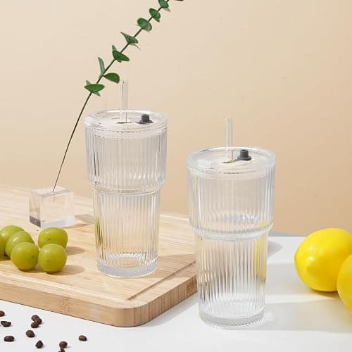 LUXULISH 20Oz Ribbed Glass Tumblers with Lids and Straws, Vintage Glass Cups Thickened Drinking Glasses Set of 4, Ideal for Iced Coffee, Smoothies, Cocktails, Matcha and Juices thumbnail 7