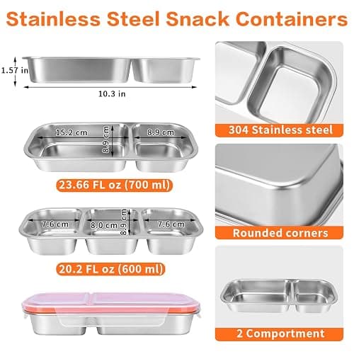 YJSLICT 4 Pack Stainless Steel Snack Containers with Lids, 3-Compartments Reusable Lunch Box for Adults, Food Storage Containers Divided Meal Prep Box for Home, Work, Travel thumbnail 2