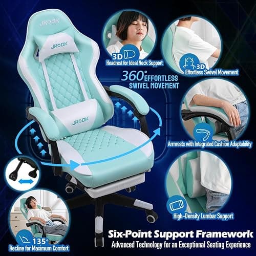 JKOOK Gaming Chair with Footrest, Multifunctional Desk Chair with Linkage Armrest, PU Leather, Video Game Computer Chairs with Lumbar Support, Study,Game,Office,JK08 (Mint Green) thumbnail 5