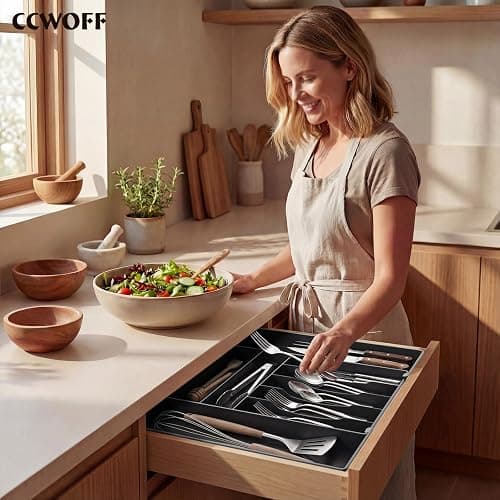 Silverware Drawer Organizer, 9 Slots Expandable Kitchen Drawer Organizer | Extra Large Utensil Holder & Cutlery Tray, Heavy Duty Stainless Steel Frame Flatware Organizer, Non-Slip Feet Included, Black thumbnail 2