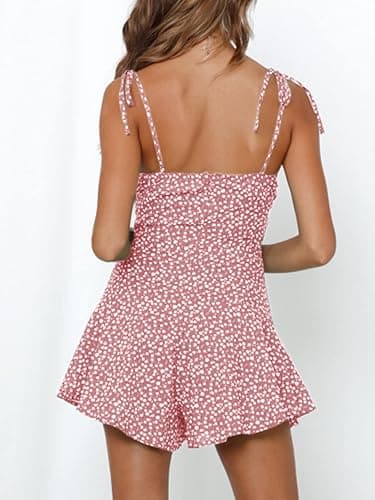 Jeanewpole1 Women's Boho Floral Wide Leg Short Romper Spaghetti Strap Smocked Jumpsuit thumbnail 2