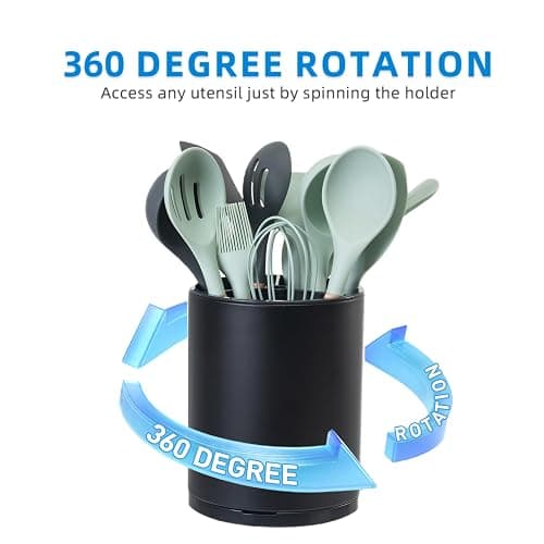 LIBODOUR Kitchen Utensil Holder Extra Large 360°Rotating For Counter Organizer Stainless Steel Storage Cooking Silverware Caddy 3 Compartment Flatware Spoon Spatula Tool Cutlery Container(Black) - Large - black thumbnail 5