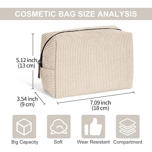 MAANGE Cosmetic Bags for Women Small Makeup Bag for Purse Corduroy Makeup Pouch Travel Makeup Bag with Metal Zipper Make Up Bag for Travelling(Beige) thumbnail 3