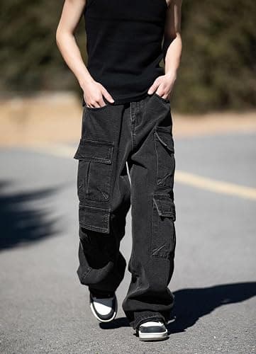 Baggy Cargo Jeans Men Teen Boys Casual Loose Jeans Flap Pockets Y2k Denim Pants 90s Hip Hop Streetwear thumbnail 4