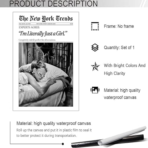 Retro “I'M Literally Just A Girl” Newspaper Poster Black And White Canvas Wall Art Funky Girl Sleep Feminist Aesthetic Prints Painting For Home Bedroom Dorm Wall Decor 8x12in Unframed thumbnail 3