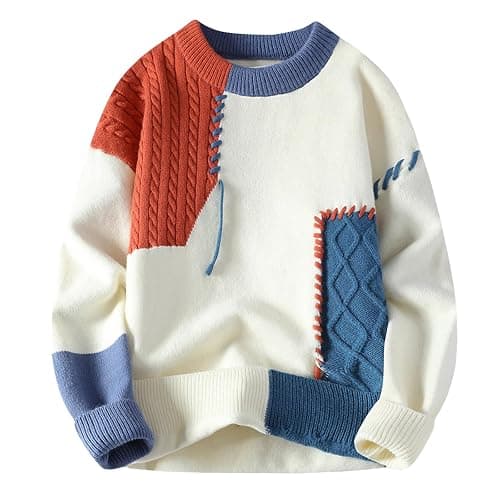 GURUNVANI Patchwork Sweater Mens Colorblock Jumper Cable Knitted Pullover Oversized - Image 1