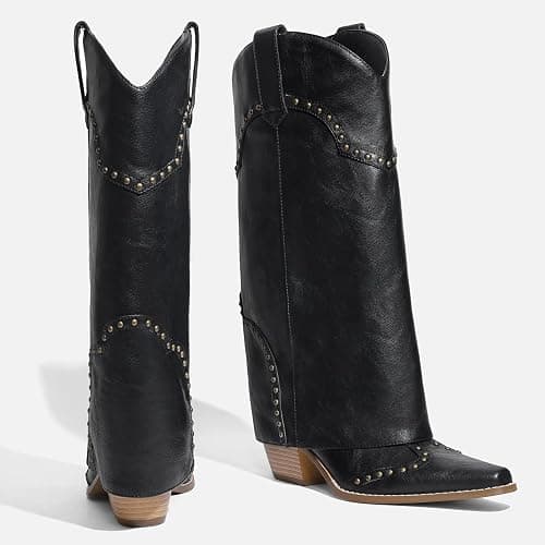 RONILURN Women Shark Boots Fold Over Mid Calf Chunky Heel Snip Toe Cowboy Cowgirl Pull On Studded Boots for Women thumbnail 7