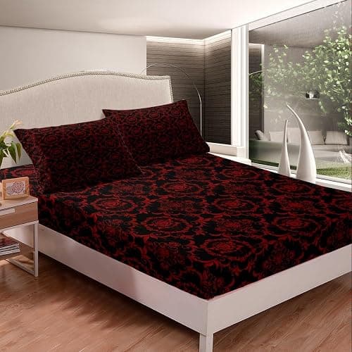 Feelyou Adults Gothic Sheet Set Queen Size Vintage Rose Boho Sheets with Deep Pocket Fitted Sheet Black Red Damask Bed Sheets Set Luxury Farmhouse Bedding Set Room Decorations Bed Set thumbnail 2