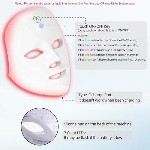 KNNKNN Red Light Therapy for face,Blue LED Light Therapy Mask,7-1 Colors LED Facial Skincare Mask at Home,USB Rechargeable,Cordless thumbnail 4