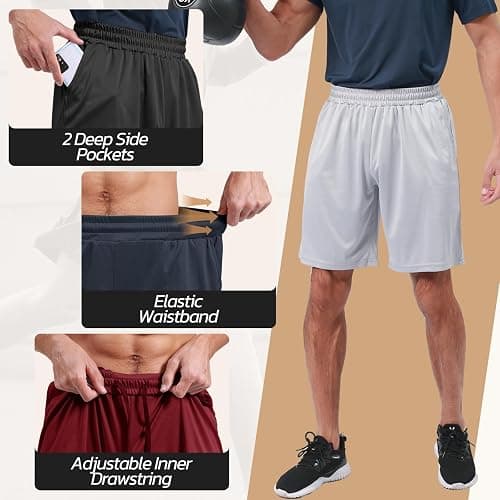 3 Pack Gym Basketball Mens Shorts - Quick Dry Black Workout Athletic Shorts with Pockets for Casual Running (S-6XL) thumbnail 2