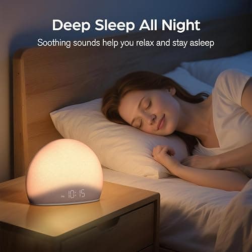 HOUSBAY Sunrise Alarm Clock, White Noise Sound Machine for Bedroom | Natural Wake-Up Light with Gentle Alarm Sounds, 20 Soothing Sleep Aids, Dimmable Display, Screen-Free Design - Pink thumbnail 5