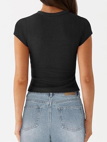 Pungdra Women's Button Down Shirt Cap Sleeve Tops for Women Button Up Ribbed Knit Slim Fit Casual Y2K Crop Going Out Top thumbnail 3